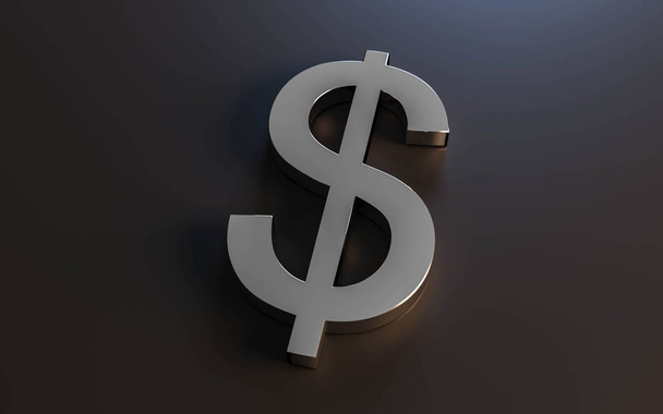 A chrome-plated Dollar symbol isolated on a dark background 3D rendering illustration - Photo, Image