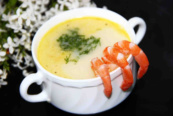 first course-cream cheese soup with shrimp - Photo, Image