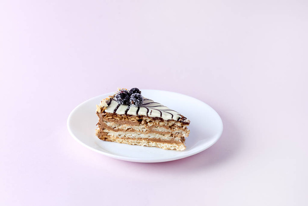 Piece of Tasty Homemade Cake on White Plate Pink Background Horizontal Copy Space Tasty Homemade Dessert - Foto, Imagen