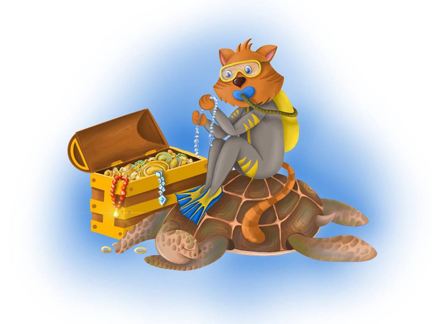 Cat diver is sitting on sea turtle and examining treasures from the chest - Photo, Image