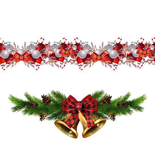 Decoraciones de Navidad con abeto y decoraciones borde sin costuras
 - Vector, imagen