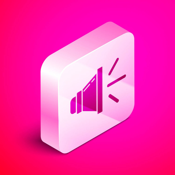 Volumen de altavoz isométrico, símbolo de sonido de voz de audio, icono de música multimedia aislado sobre fondo rosa. Botón cuadrado plateado. Ilustración vectorial
 - Vector, Imagen