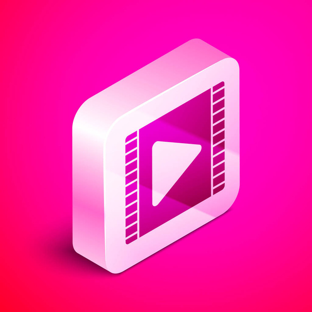 Ισομετρική εικόνα βίντεο αναπαραγωγής απομονωμένη σε ροζ φόντο. Ταινία με σήμα παιχνιδιού. Ασημένιο τετράγωνο κουμπί. Εικονογράφηση διανύσματος - Διάνυσμα, εικόνα