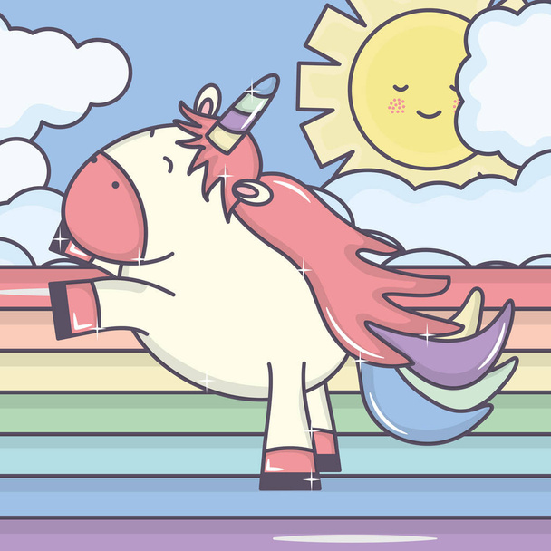 cute adorable unicorn with clouds sunny and rainbow - Vector, Image