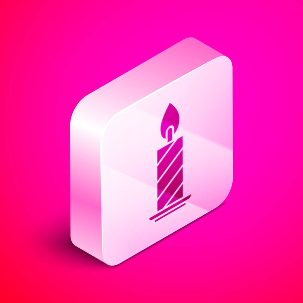 Isometric Burning candle in candlestick icon isolated on pink background. Cylindrical candle stick with burning flame. Silver square button. Vector Illustration - Vector, Image