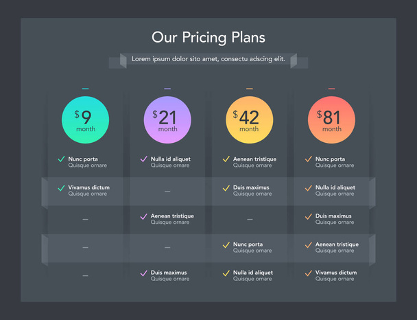 Modern pricing table with four subscription plans and place for description - dark version. Flat infographic design template for website or presentation. - Vector, Image