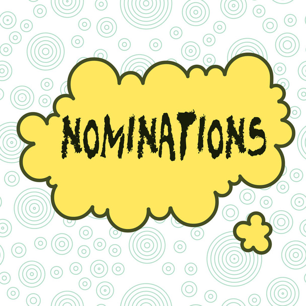 Conceptual hand writing showing Nominations. Business photo text action of nominating or state being nominated for prize Asymmetrical uneven shaped pattern object multicolour design. - Photo, Image
