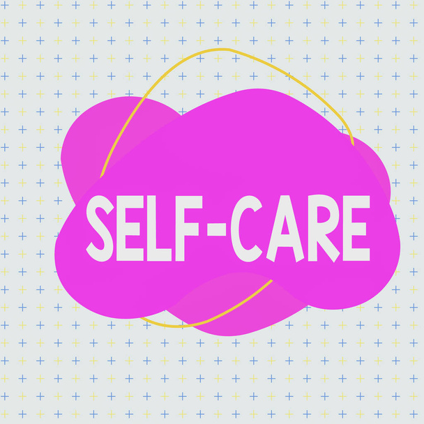 Kézírás szöveg Self Care. Koncepció jelentése a gyakorlat, hogy tegyen lépéseket, hogy javítsa az egyik s a saját egészség aszimmetrikus egyenetlen alakú formátum minta objektum körvonalazódik többszínű design. - Fotó, kép