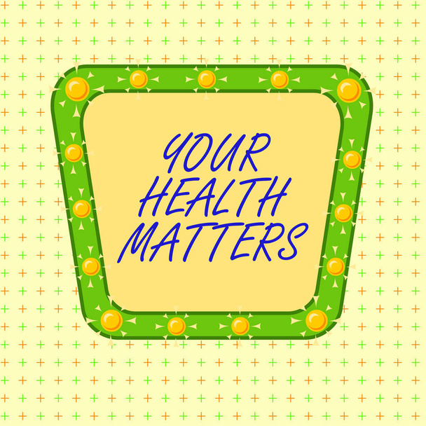 Textová značka ukazující vaše zdravotní záležitosti. Konceptuální foto dobré zdraví je nejdůležitější mimo jiné asymetrický nerovnoměrný tvar vzoru objektu obrys vícebarevný design. - Fotografie, Obrázek