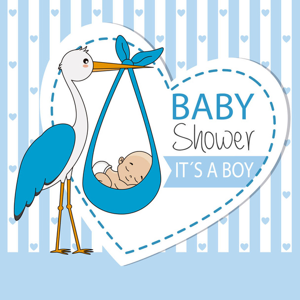 Baby shower card. Stork with baby boy - Vettoriali, immagini