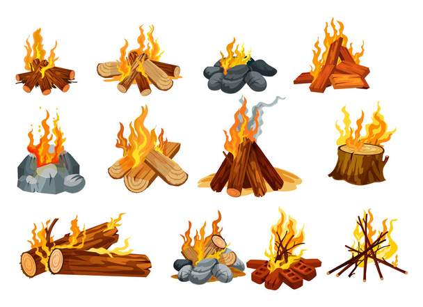 Burning fire on woods, outdoor camping campfire - Vector, Image