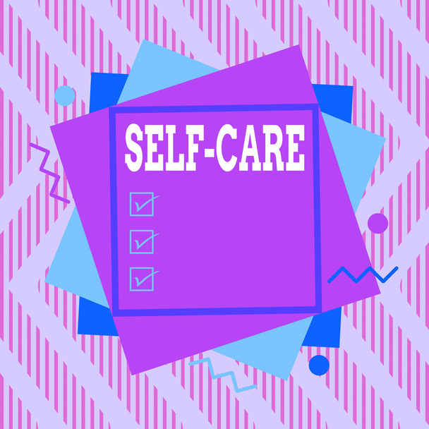Sana kirjoittaa tekstiä Self Care. Liiketoiminta käsite käytännön toimia säilyttää tai parantaa omaa terveyttä Epäsymmetrinen epätasainen muotoinen muoto kuvio objekti ääriviivat monivärinen suunnittelu
. - Valokuva, kuva