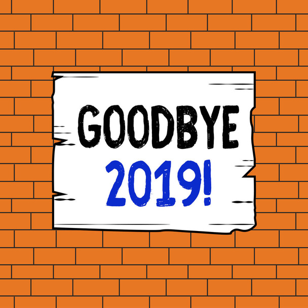 Text sign showing Goodbye 2019. Conceptual photo express good wishes when parting or at the end of last year Wooden square plank empty frame slots grooves wood panel colored board lumber. - Photo, Image