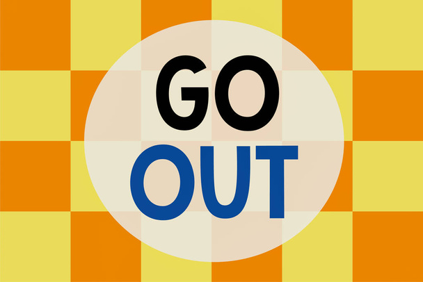 Writing note showing Go Out. Business photo showcasing to leave a room or building, especially in order to do something Background combination two colors squares Seamless texture pattern. - Photo, Image
