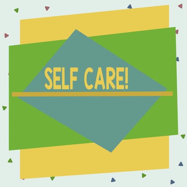 Text sign showing Self Care. Conceptual photo practice of taking action to preserve or improve ones own health Asymmetrical uneven shaped format pattern object outline multicolour design. - Photo, Image