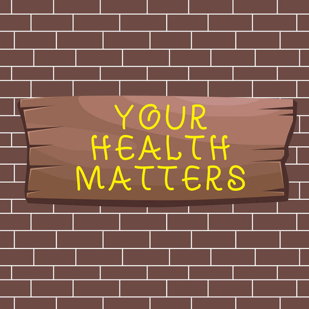 Textová značka ukazující vaše zdravotní záležitosti. Konceptuální foto dobré zdraví je nejdůležitější mimo jiné deska dřevěná deska prázdný obdélník ve tvaru dřeva připojené barevné pozadí. - Fotografie, Obrázek