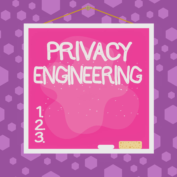 Writing note showing Privacy Engineering. Business photo showcasing engineered systems provide acceptable levels of privacy Asymmetrical uneven shaped pattern object multicolour design. - Photo, Image