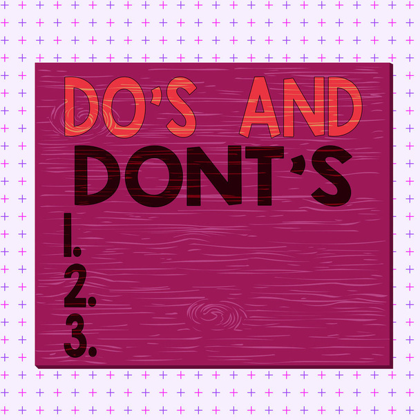Woord schrijven tekst Do S And Dont S. Zakelijk concept voor Regels of gewoonten met betrekking tot sommige activiteiten of acties Vierkante rechthoek onwerkelijke cartoon hout spijkerd op gekleurde muur. - Foto, afbeelding