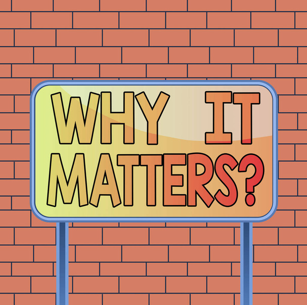 Text sign showing Why It Matters Question. Conceptual photo most important thing to be done when involved in situation Board ground metallic pole empty panel plank colorful backgound attached. - Photo, Image