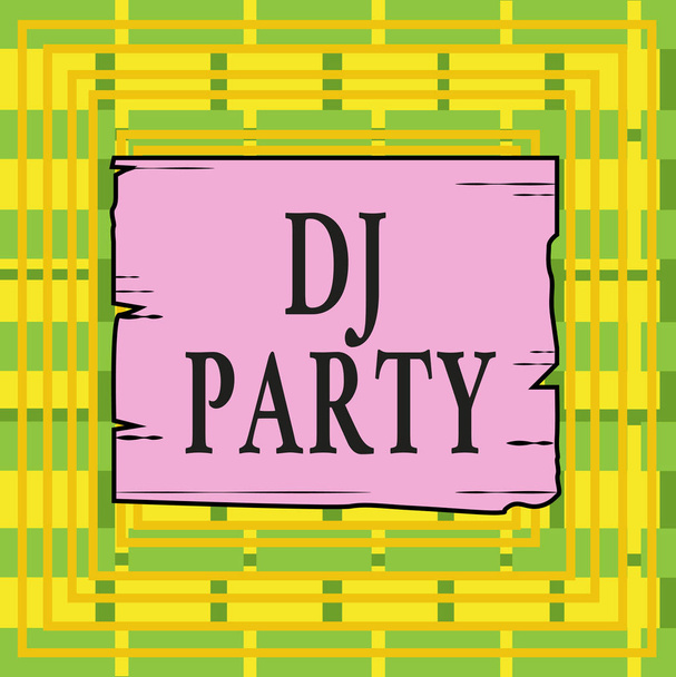 Text sign showing Dj Party. Conceptual photo demonstrating who introduces and plays recorded popular music on radio Wooden square plank empty frame slots grooves wood panel colored board lumber. - Photo, Image