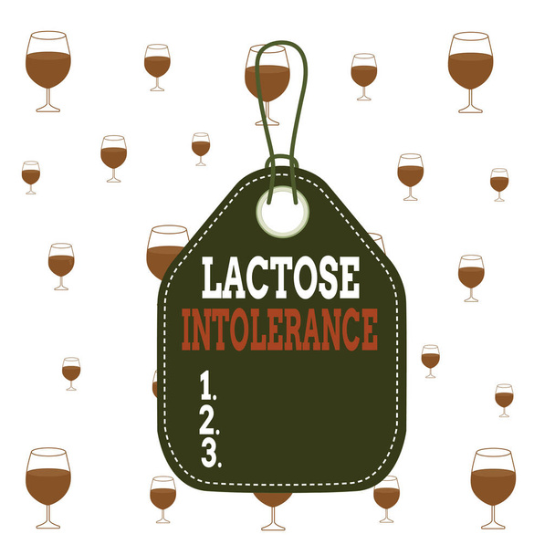 Handwriting text Lactose Intolerance. Concept meaning digestive problem where body is unable to digest lactose Empty tag blank space colorful background label rectangle attached string. - Photo, Image