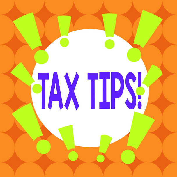 Writing note showing Tax Tips. Business photo showcasing compulsory contribution to state revenue levied by government Asymmetrical uneven shaped pattern object multicolour design. - Photo, Image