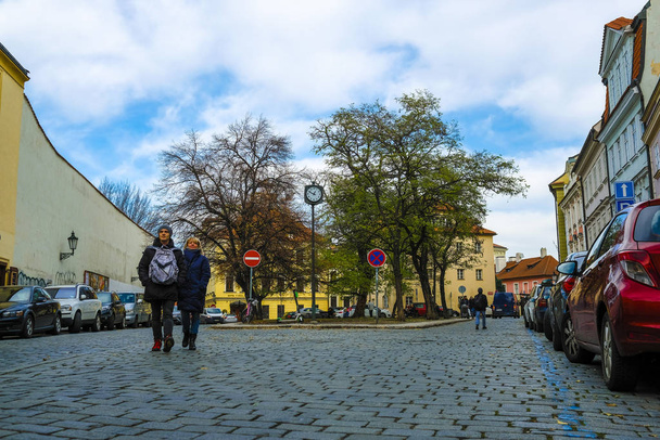 Prague, Czech Republic - November, 20, 2019: image of cars parked on a street of Prague - Фото, зображення