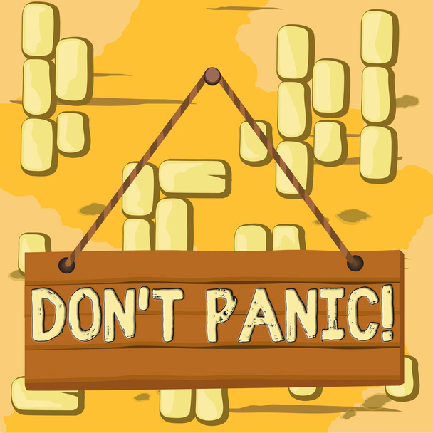 Word writing text Don T Panic. Business concept for suddenly feel so worried or frightened that you can not behave Wood plank nail pin string board colorful background wooden panel fixed. - Foto, afbeelding