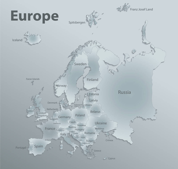 Europe map, new political detailed map, separate individual states, with state names,, glass card paper 3D - Vector, Image