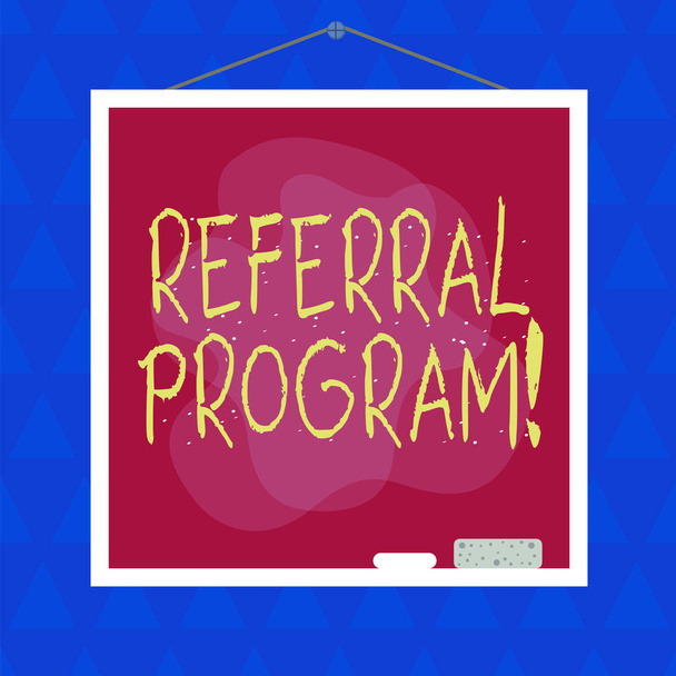 Conceptual hand writing showing Referral Program. Business photo showcasing internal recruitment method employed by organizations Asymmetrical uneven shaped pattern object multicolour design. - Photo, Image