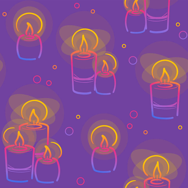 Candles seamless pattern in color line on purple background. Hanukkah symbol in Decorative vector. Textile design texture. Party backdrop print. Holiday Doodle for festive tile cover - Vector, imagen