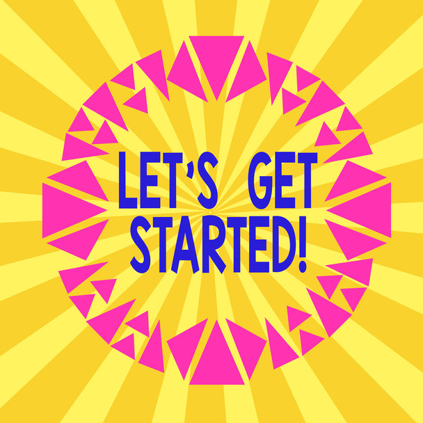 Writing note showing Let S Get Started. Business photo showcasing encouraging someone to begin doing something Asymmetrical uneven shaped pattern object multicolour design. - Photo, Image