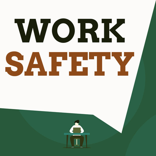 作業安全を示すメモを書く。職場での安全性を確保するためのポリシーや手順を紹介するビジネス写真人が椅子に座って作業ノートパソコンの幾何学的背景. - 写真・画像