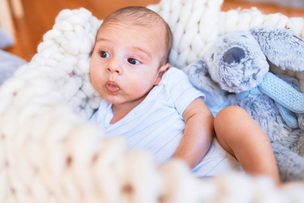 Evdeki battaniyenin üzerine uzanmış sevimli bir bebek. Yeni doğmuş bebek oyuncak ayıyla rahatlıyor ve dinleniyor. - Fotoğraf, Görsel