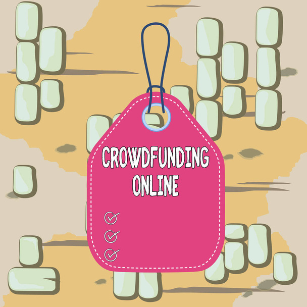 Word writing text Crowdfunding Online. Business concept for raising small amounts of money from analysisy showing Empty tag blank space colorful background label rectangle attached string. - Zdjęcie, obraz