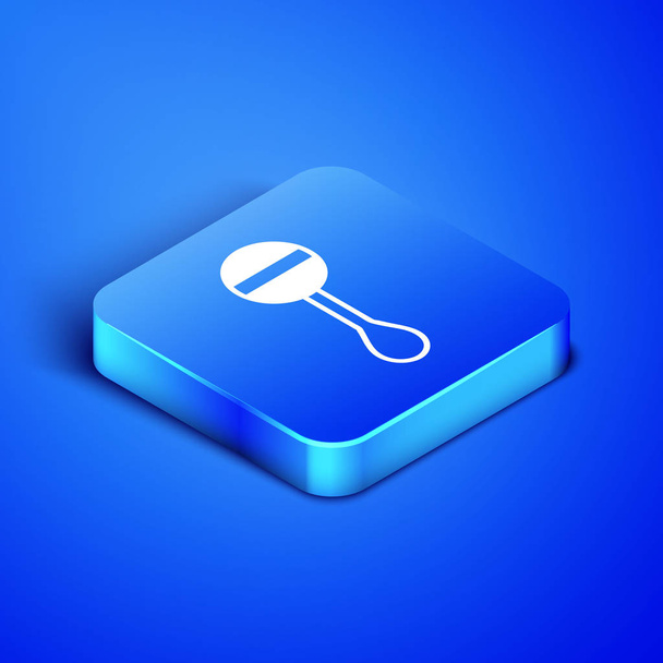 Icono de juguete de bebé isométrico Rattle aislado sobre fondo azul. Señal de bolsa de frijoles. Botón cuadrado azul. Ilustración vectorial
 - Vector, imagen