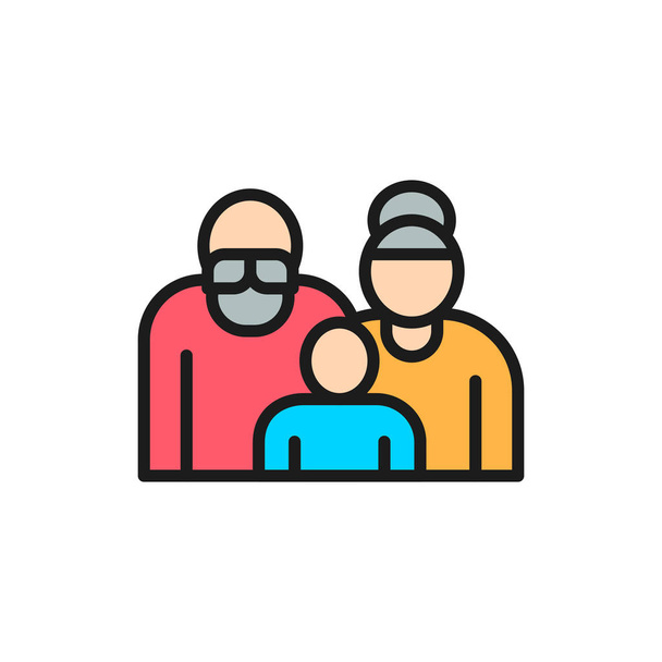 Grand-parents avec petit-enfant, couple de retraités, icône de ligne de couleur plate aînés
 - Vecteur, image