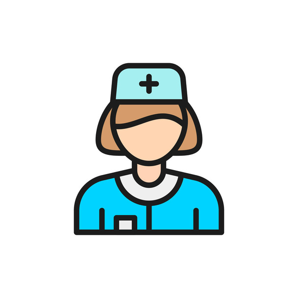 Nővér, egészségügyi dolgozó lapos színű vonal ikon. Fehér alapon elszigetelve - Vektor, kép