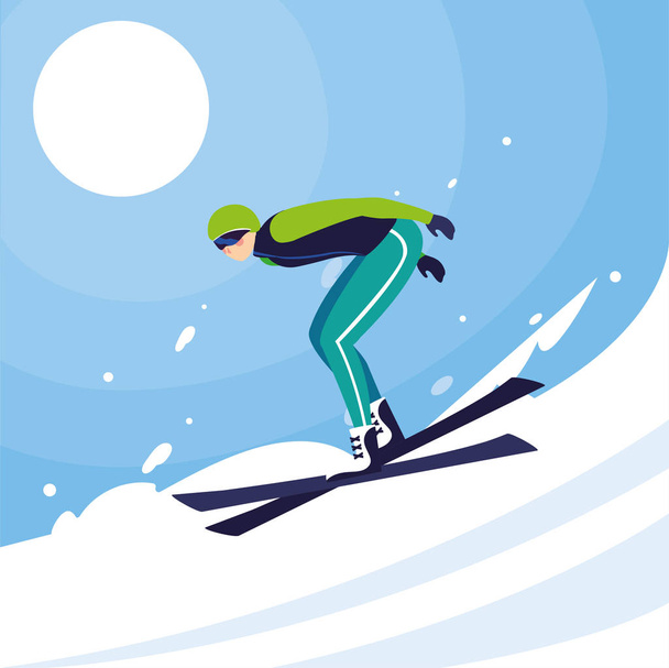 человек с горными лыжами, горные лыжи, экстремальные зимние виды спорта
 - Вектор,изображение