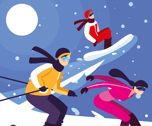 group of people practicing winter sports, extreme winter sport - Vector, Image
