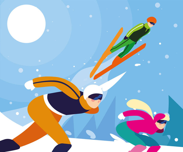 grupo de personas que practican deportes de invierno, deporte de invierno extremo
 - Vector, imagen