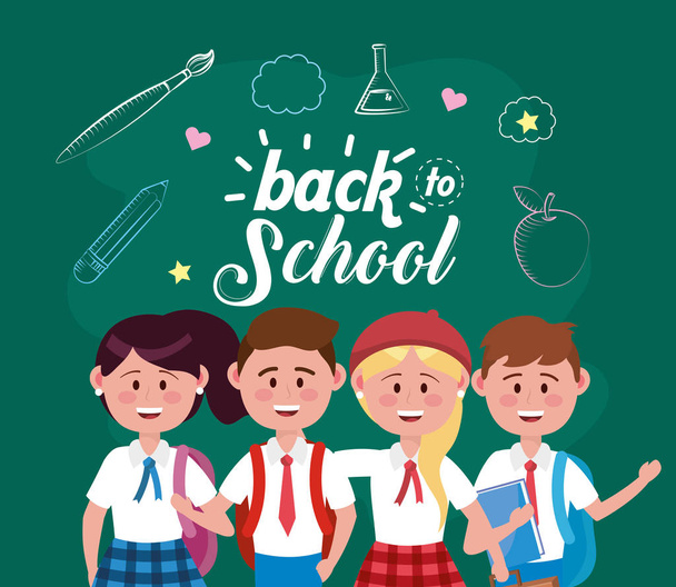 girls and boys students with backpack and pencil - Vector, Image