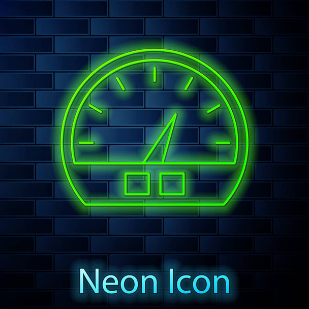 Ragyogó neon vonal Sebességmérő ikon elszigetelt téglafal háttér. Vektorillusztráció - Vektor, kép