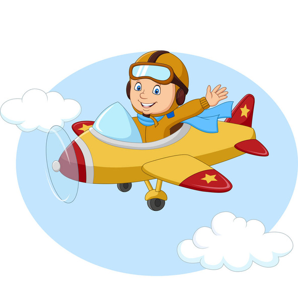 Ilustración vectorial de dibujos animados Little Boy Operando un avión
 - Vector, Imagen