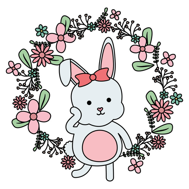 cute little rabbit with floral decoration frame - Vector, afbeelding
