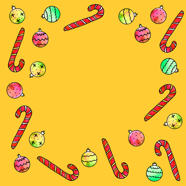 El marco está hecho de bastón de caramelo, bolas de árbol de Navidad. Fondos y texturas de Año Nuevo y Navidad. Para tarjetas de felicitación, foto, diseño, impresión
 - Foto, Imagen