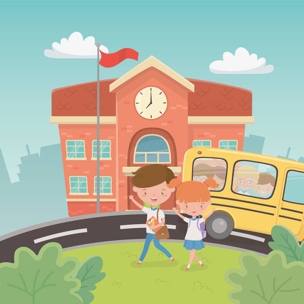 school building and bus with kids in the landscape scene - Vecteur, image