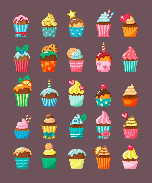Muffins with topping in cartons flat vector illustration set - Vector, imagen