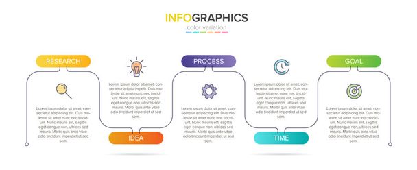 Infografikai kialakítás ikonokkal és 5 opcióval vagy lépéssel. Vékony vonalvektor. Infografika üzleti koncepció. Használható infó grafikákhoz, folyamatábrákhoz, prezentációkhoz, weboldalakhoz, bannerekhez, nyomtatott anyagokhoz. - Vektor, kép