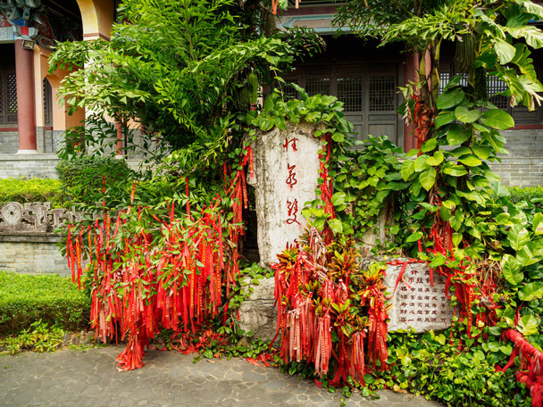 rote Bänder auf einem Wunschbaum an einem chinesischen Tempel in Hainan, Chi - Foto, Bild